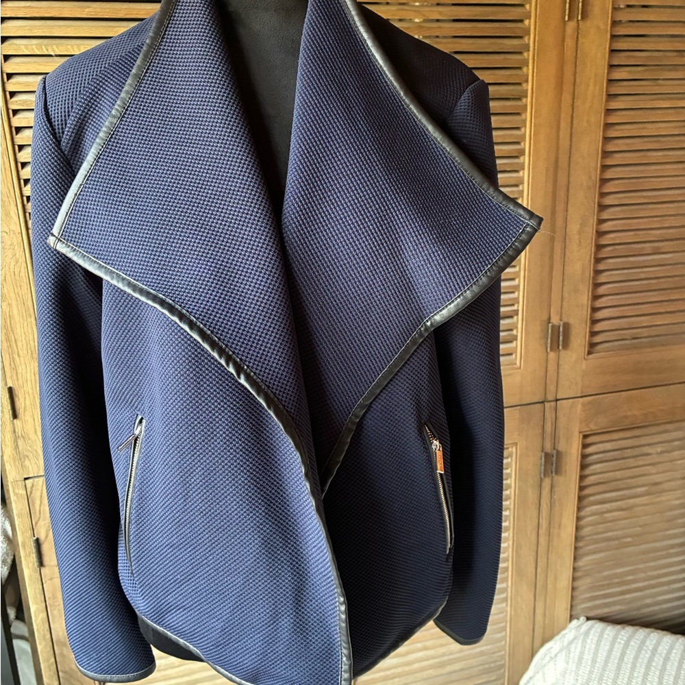 EUC Calvin Klein Navy Textured Blazer with Leather Trim